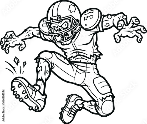 Cartoon zombie football player leaping with outstretched arms, ready to attack.
