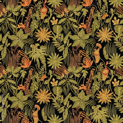 Seamless Pattern, Lush tropical jungle foliage pattern with exotic plants and carnivorous pitcher plants Stock royalty free image.