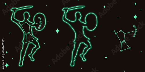 Vector Orion Belt constellation isolated black background. Neon Orion constellation set template design. EPS 10