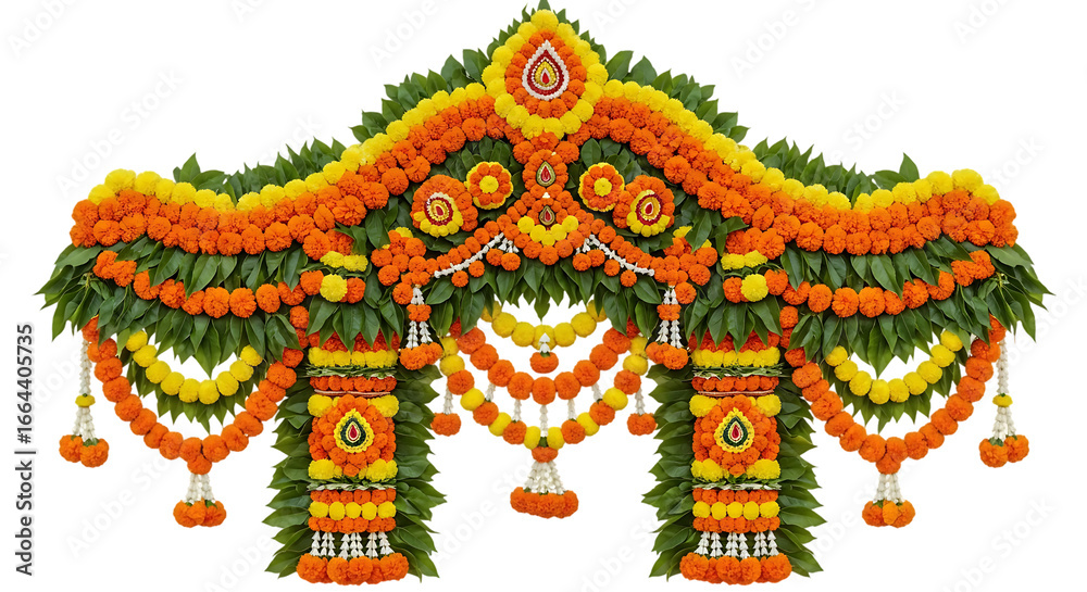 Fototapeta premium Ornate floral archway crafted from marigolds and foliage against dark backdrop