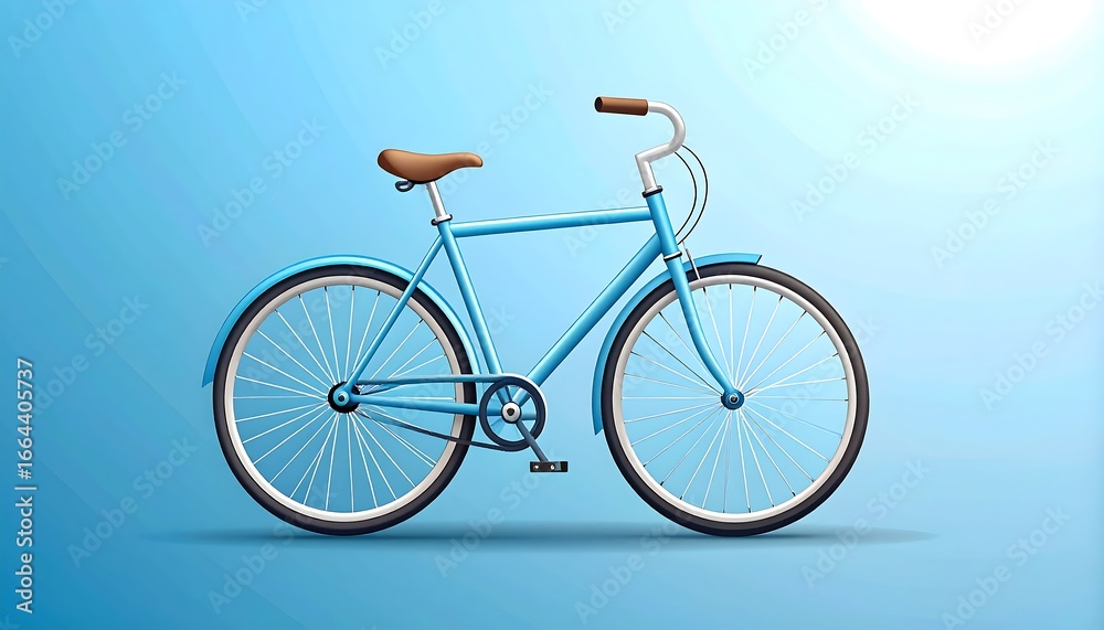 Fototapeta premium A vivid, light blue bicycle with a light brown seat and handlebars, presented against a pale, gradient-blue backdrop.