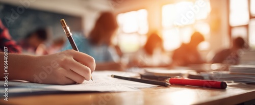 The student's hand writing notes on a paper at a sunlit classroom desk