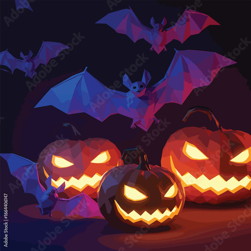 Seamless Pattern, Low poly Halloween scene featuring glowing pumpkins and bats in dark ambiance Stock royalty free image.