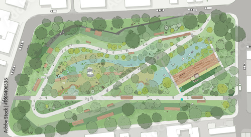 Aerial view illustration of a green urban park with paths and trees, designed for recreation