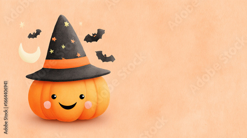 hand drawn of watercolor halloween pumpkin with witch hat and bats on background,Smiling jack-o'-lantern with witch hat,halloween pumpkin with witch hat,Carved Halloween pumpkins