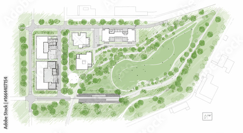 Architectural Site Plan Illustration Featuring Buildings, Park, and Green Spaces