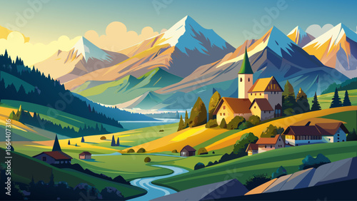 Scenic Bavarian Alps unfold majestically, Berchtesgaden valleys glowing with beauty, rolling hills blending into mighty peaks, timeless harmony whispers softly, peaceful nature breathes eternity, sere