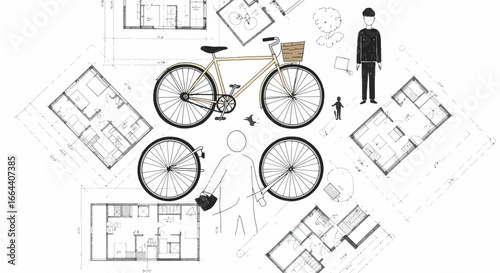 Conceptual illustration showcasing urban planning with blueprints and bicycle culture