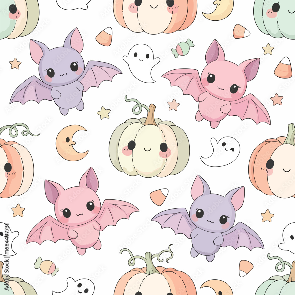 Fototapeta premium Seamless Pattern, Kawaii Halloween pattern with cute pumpkins, bats, ghosts, candy and stars Stock royalty free image.