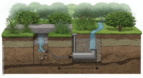 Diagram depicting a residential stormwater drainage system with underground pipes