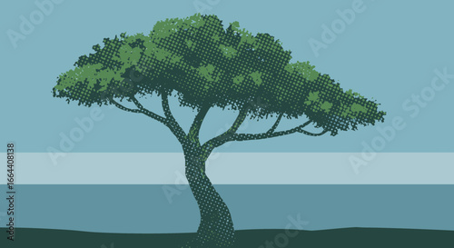 Halftone patterned tree illustration with calming blue color palette landscape