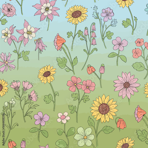 Seamless Pattern, Colorful wildflowers illustration in a meadow with sunflowers and columbines Stock royalty free image.