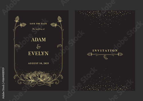 Luxury wedding invitation with lotus flowers  golden line art on black background