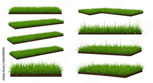 Realistic green grass platform set for landscape design and decorative elements
