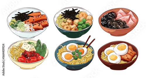 Delicious Hand Drawn Watercolor Food Illustration Featuring Various Asian Noodle Dishes In Vibrant Bowls With Eggs And Vegetables