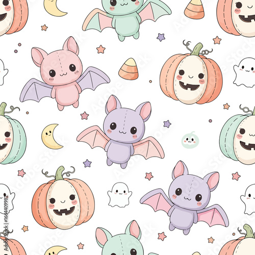 Seamless Pattern, Cute Halloween seamless pattern featuring bats pumpkins ghosts and candy corns Stock royalty free