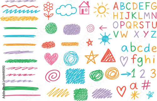 Scribble doodle elements set, paint underline children marker scratch, vector pen squiggle kit collection. Kids hand drawn abstract sketch, alphabet, texture, icons, heart vector art.