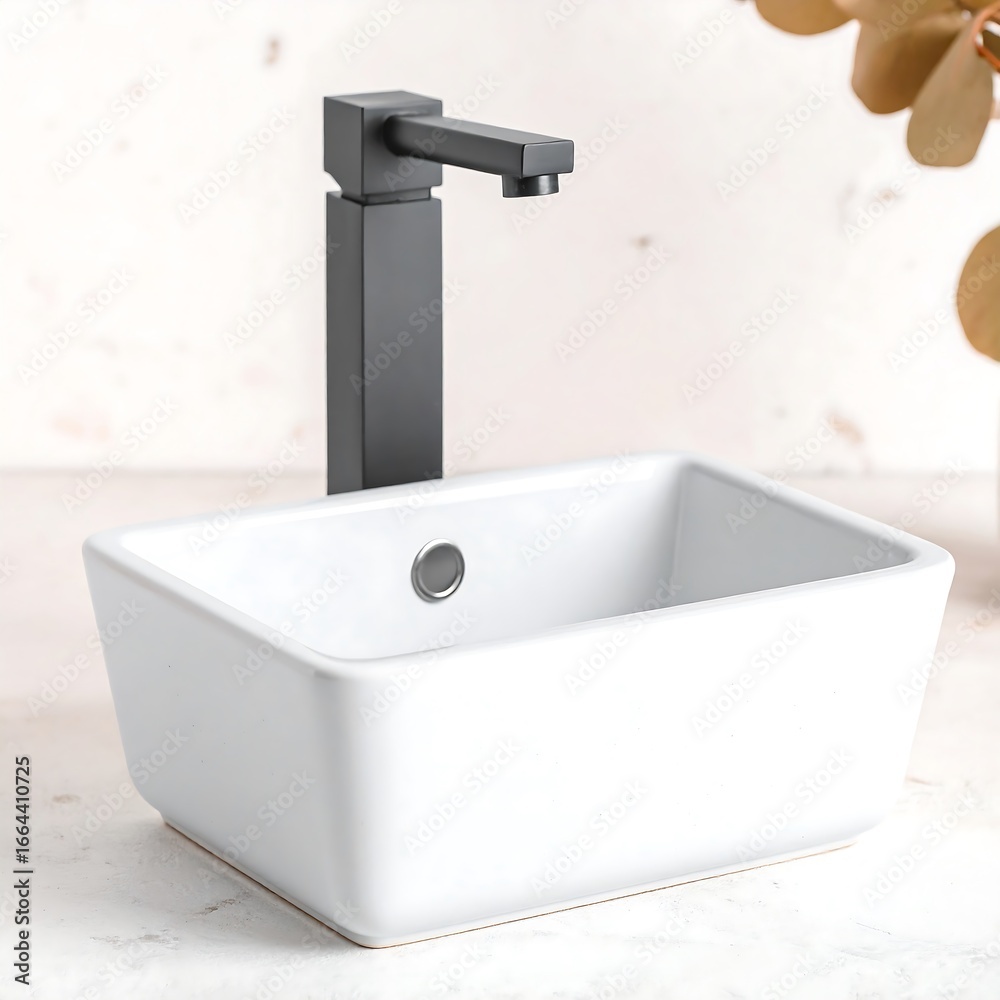 Fototapeta premium Modern white rectangular sink with matte black faucet