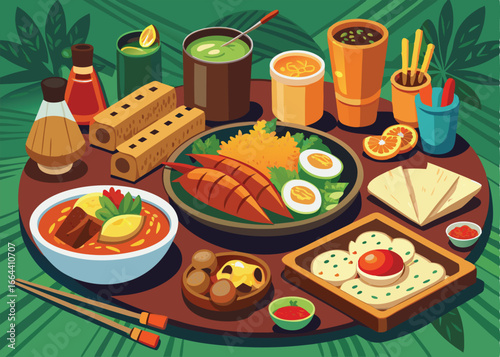 A vibrant illustration of a richly laden table filled with various Asian dishes.
