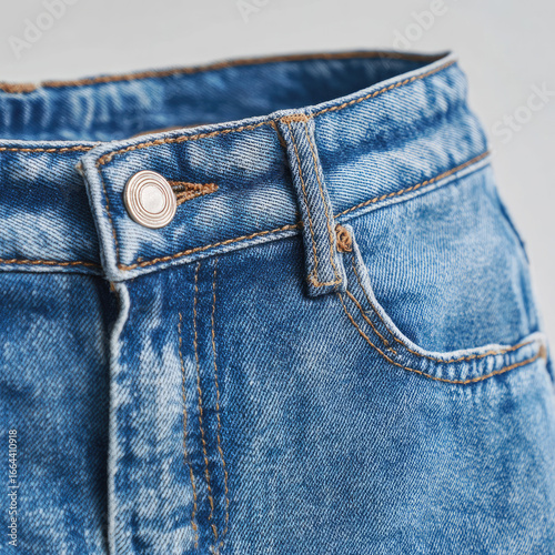 Blue denim jeans close up with metal button and pocket