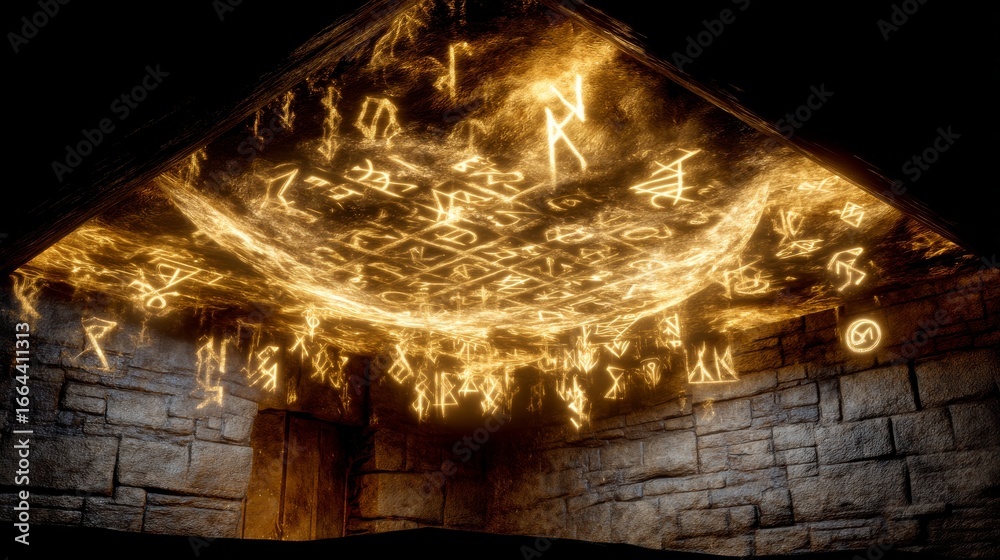 Obraz premium Enchanted Dungeon Map Projected on Stone Walls and Ceiling in a Dimly Lit Cavern