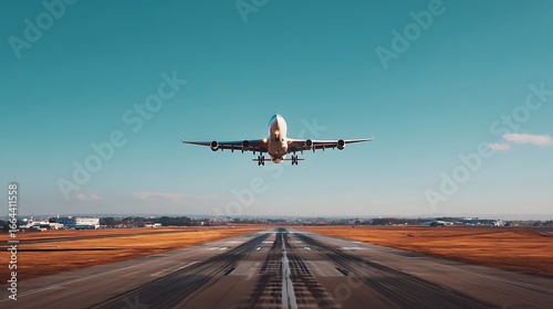 Wallpaper Mural Drone Shot Of Airplane Landing Approach, Airport Runway Clearly Visible, Clean Sky Background, Airplane Detailed And Clear For Branding, Stock Photo Style  Torontodigital.ca
