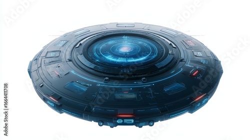 Futuristic circular spaceship hovering in the vast expanse of deep space with bright blue glowing light emanating from its core an unidentified flying object exploring the cosmos