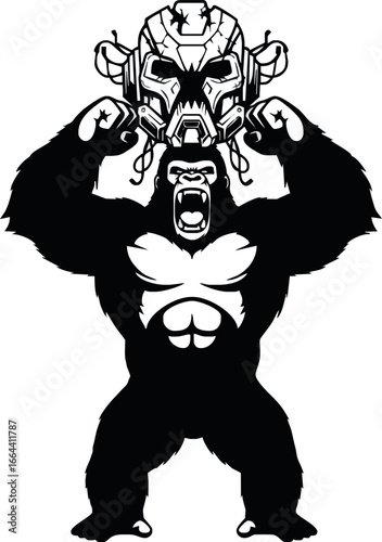 A powerful gorilla with a futuristic helmet on its head, flexing its muscles and roaring in a dynamic black and white illustration.