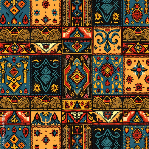 Vibrant Patchwork Design with Intricate Tribal Patterns