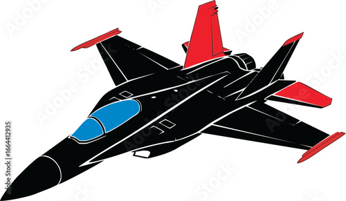A sleek, modern black fighter jet with striking red accents on its wings and tail, depicted in a dynamic, airborne pose against a white background.