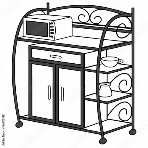 Black metal kitchen cart with microwave and storage