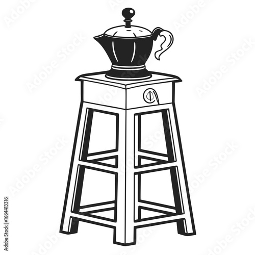 Black and white illustration of a moka pot on a tall stool