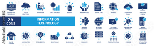 Information Technology icon set. Containing cloud computing, IT manager, big data, data analytics, internet, network security and more. Solid vector icons collection.
