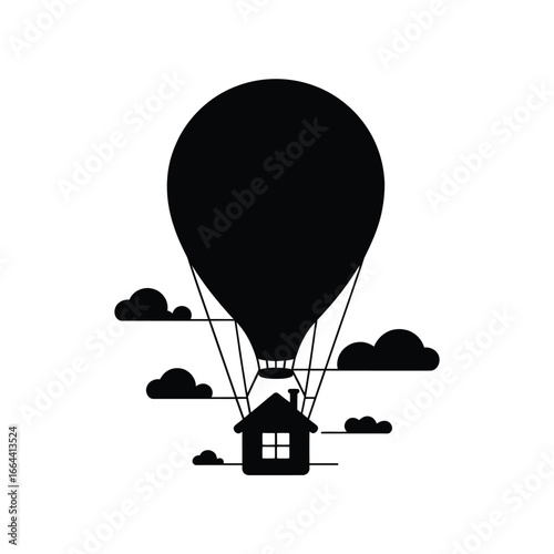 House suspended by hot air balloon flying through the clouds silhouette