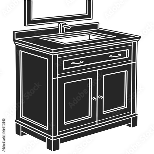 Black and white illustration of a bathroom vanity with sink and mirror