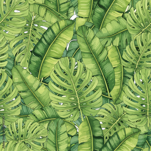 Seamless Pattern, Lush green tropical foliage seamless pattern with banana and monstera leaves Stock royalty free image.