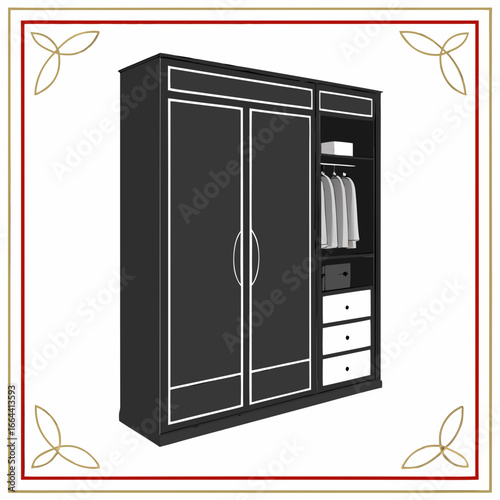 Modern black wardrobe with open compartment and drawers
