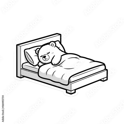 Bear Cartoon Sleeping Peacefully in Bed with Pillow and Blanket Illustration
