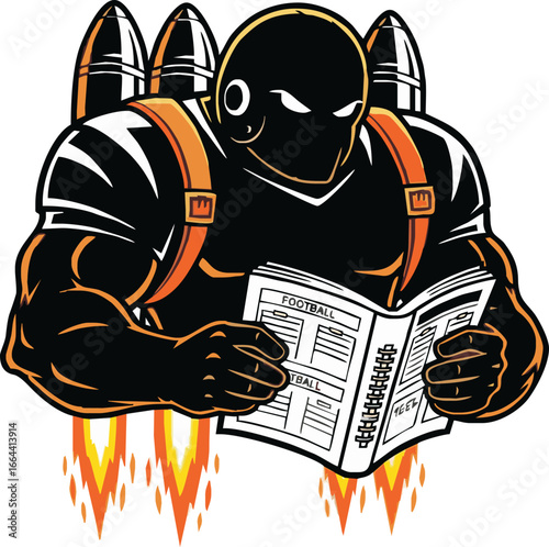 Powerful robotic football player studying playbook, jetpack equipped.
