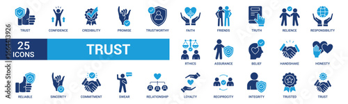 Trust icon set. Containing confidence, credibility, promise, trustworthy, friends, truth, faith, sincerity and honesty. Vector solid icons collection.