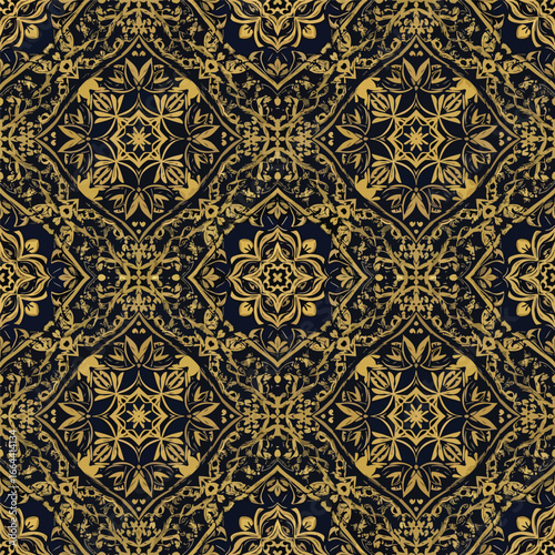 Seamless Pattern, Intricate gold floral pattern on dark background creating a luxurious wallpaper design Stock royalty free