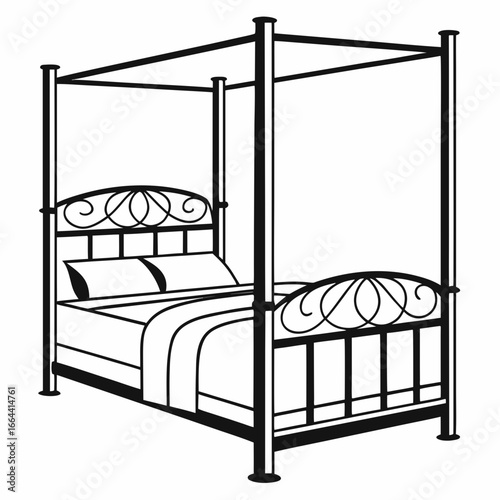 Elegant black and white illustration of a four poster bed with ornate scrollwork