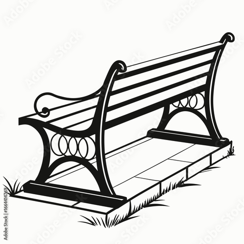 Classic park bench with ornate metalwork and slatted wooden seat