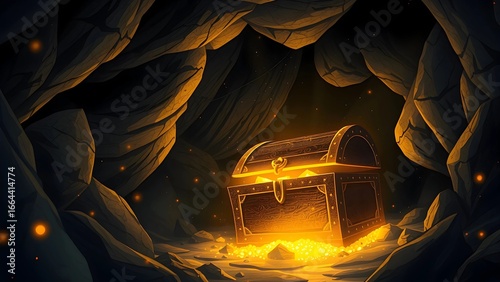 Glowing Treasure Chest Filled with Gold Coins Inside Dark Cave – Fantasy Adventure Illustration