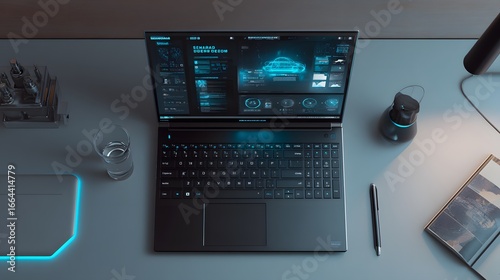 Modern laptop computer with futuristic interface for designer and coder on desk top view for business use