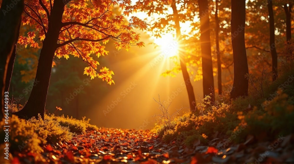 Obraz premium Autumn Forest Path Sunlit Trees Bright Orange Leaves Warm Atmosphere Natural Light