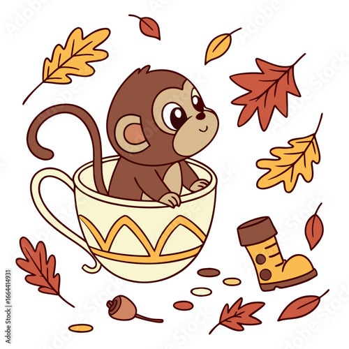 Cute Happy Howler Monkey, accessorized with in a teacup, in a Autumn world – Autumn Leaves palette vector