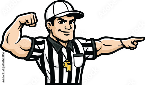 A strong, muscular cartoon referee mascot flexing his bicep and pointing with a confident smile.
