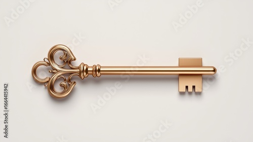 An antique golden key with decorative intricate design rests on clean bright and solid white background symbolizing concepts of access opportunity and discovery