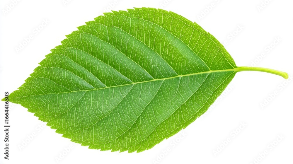 Fototapeta premium Detailed macro photograph of single vibrant green leaf showcasing intricate veins and natural texture isolated on clean pure white background for minimalist and fresh botanical aesthetic